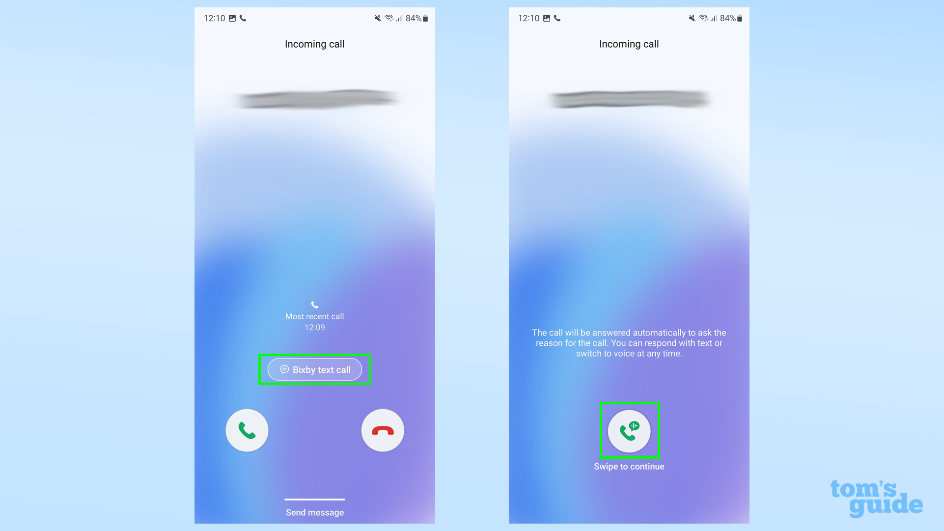 Два снимка экрана с Samsung Galaxy S23, показывающие, как активировать текстовый вызов Bixby.