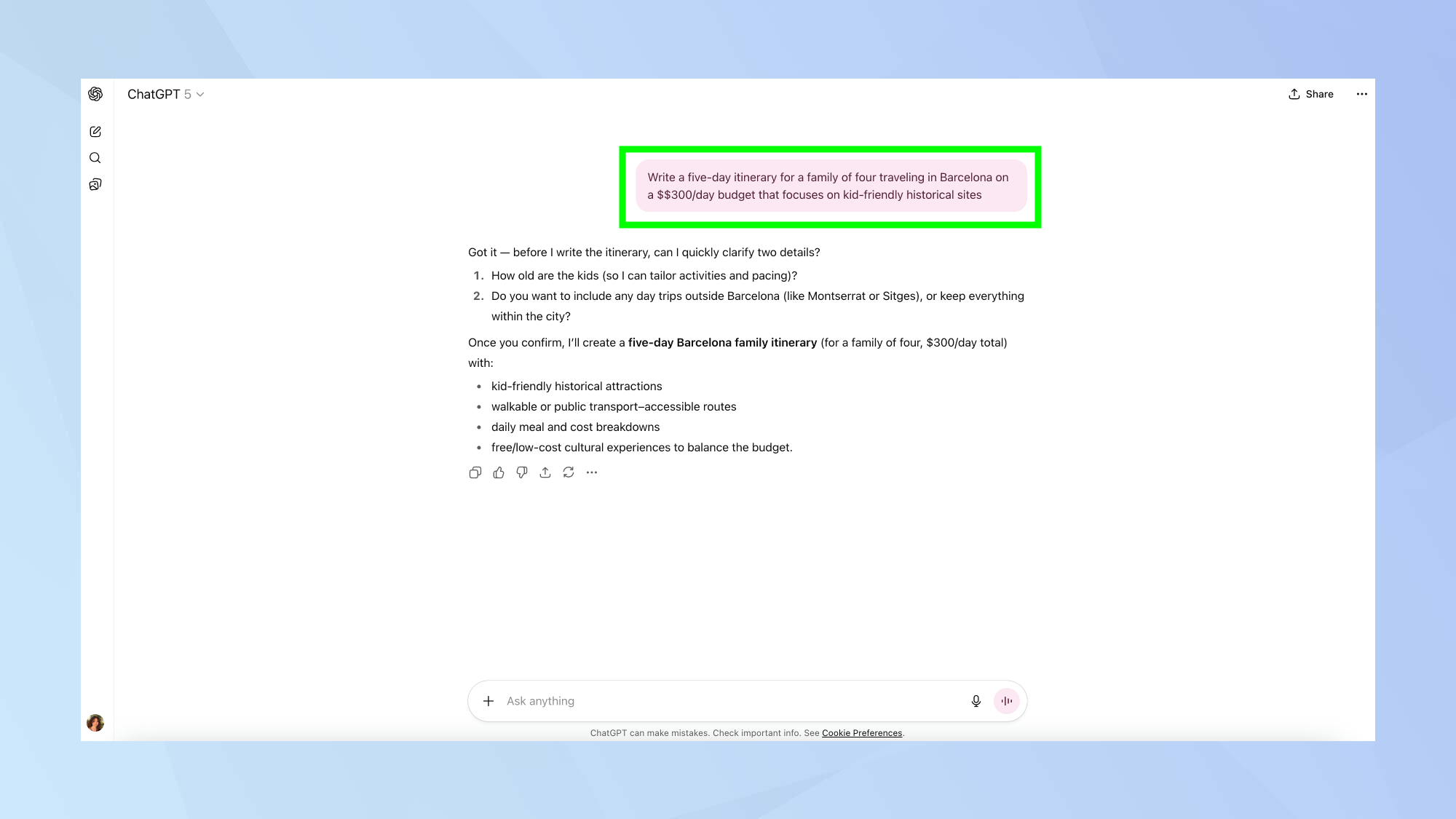 ChatGPT prompt and output 