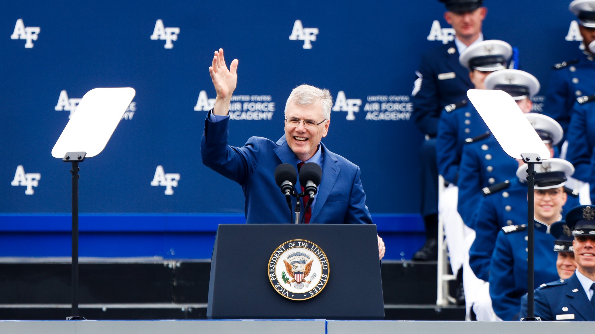 Troy Meink waving to the crowd during Space Force graduation ceremony