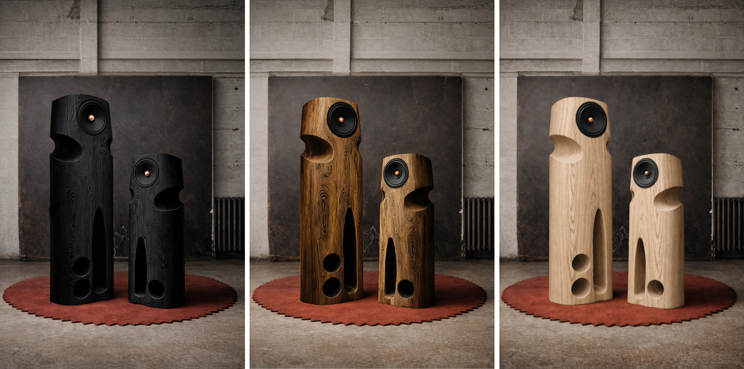 Korus speakers by OBEN in Ebony Ash, Walnut and White Oak