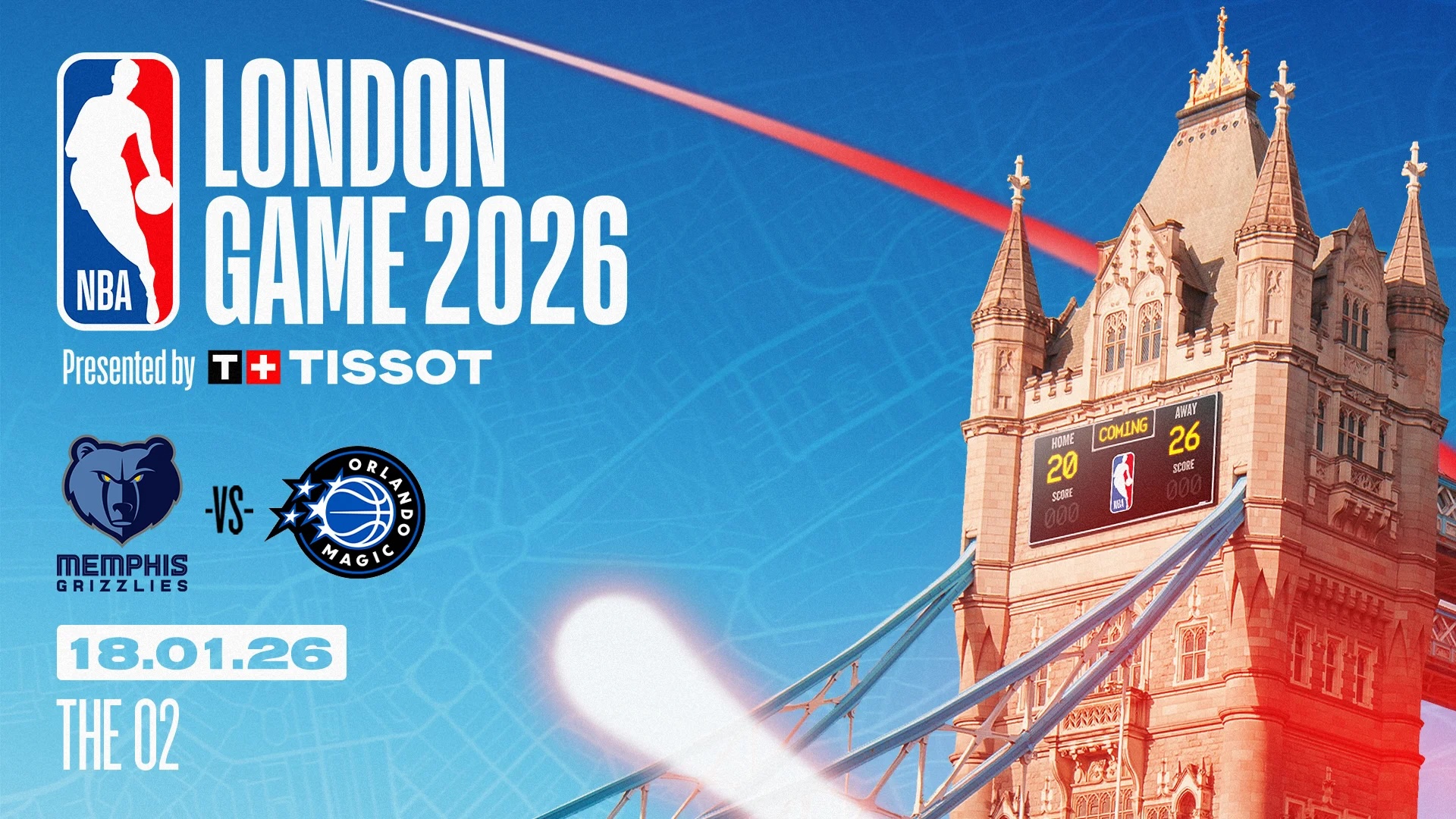 The poster for The O2 hosting the NBA which shows off London Bridge with an NBA scoreboard on it