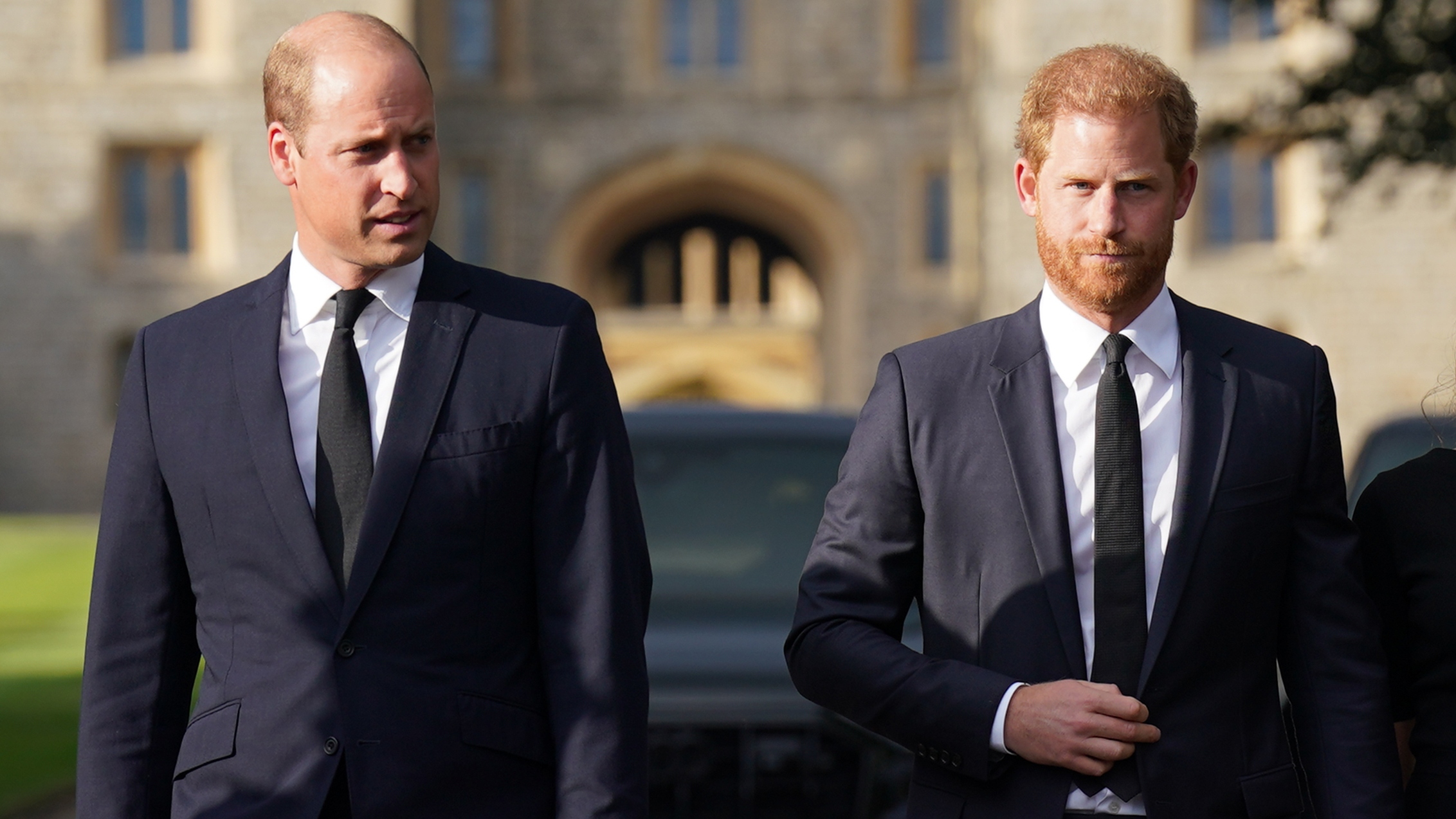 Prince William, Prince of Wales and Prince Harry, Duke of Sussex walk together to meet members of the public on the long Walk at Windsor Castle on September 10, 2022