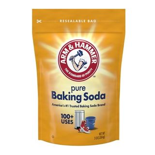 A yellow plastic resealable bag of Arm & Hammer Pure Baking Soda.