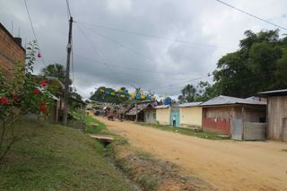 A typical street separates rows of houses in Iquitos, Peru, and facilitates human transport, but might deter mosquito movement.