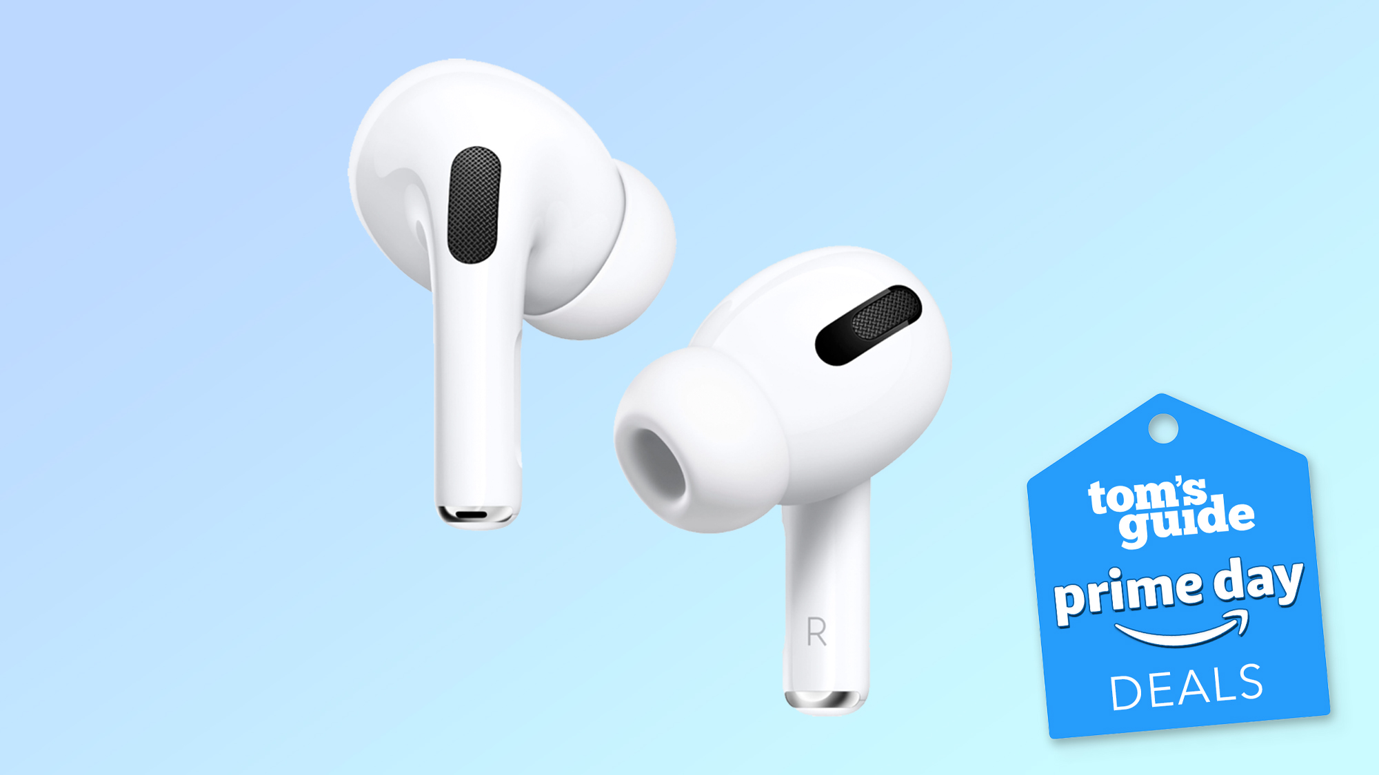 AirPods Pro on a blue background with the Tom's Guide Prime Day sticker logo