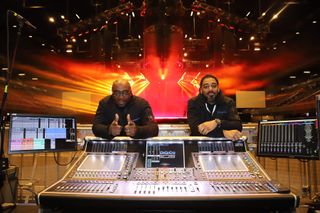 Monitor engineer Marlon John (left) and FOH engineer Kevin Brown (right) behind the DiGiCo SD5 house console supplied by Eighth Day Sound for the Nicki WRLD tour