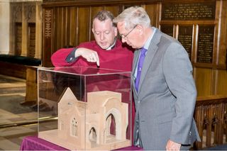 The Very Rev. David Monteith with His Royal Highness the Duke of Gloucester in Leicester Cathedral looking at the model of the space being created for the tomb of King Richard III.