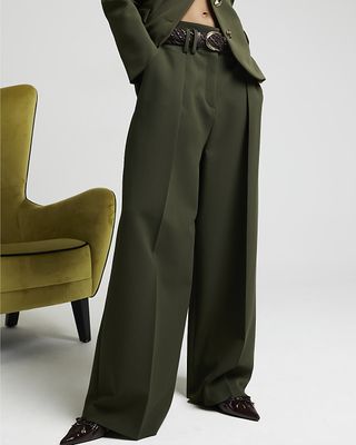 Khaki Premium High Waisted Wide Leg Trousers