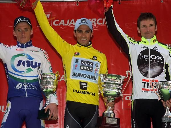 The Vuelta Murcia podium: Jerome Coppel (Saur Sojasun), Alberto Contador (Saxo Bank Sungard) and Denis Menchov (Geox-TMC)