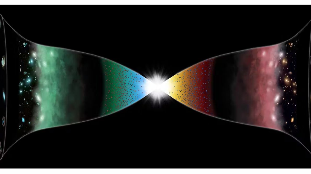 a bright white light sits in the center, spitting out to the left and right layers of multi colored gases and particles, with warm colors on the right and cool on the left, like an hourglass tipped on its side.