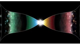 a bright white light sits in the center, spitting out to the left and right layers of multi colored gases and particles, with warm colors on the right and cool on the left, like an hourglass tipped on its side.