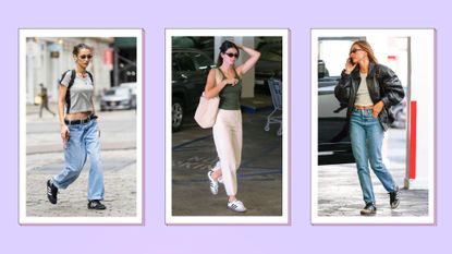 Bella Hadid, Kendall Jenner and Hailey Bieber pictured wearing Adidas Sambas in a three-picture purple template