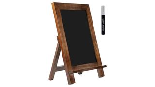 Standing wooden chalkboard with colorful writing.