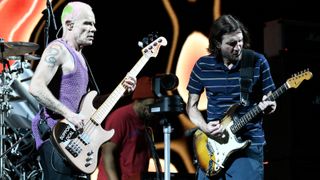 Flea (L) and John Frusciante of Red Hot Chili Peppers perform during the ACL Music festival 2022 at Zilker Park on October 09, 2022 in Austin, Texas.