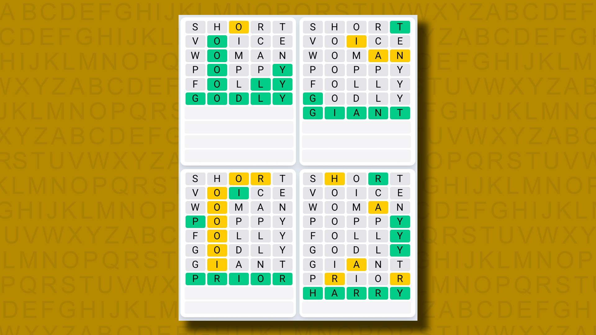 Quordle Daily Sequence answers for game 1261 on a yellow background