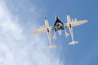 WhiteKnightTwo/SpaceShipTwo flies over New Mexico’s Spaceport America.