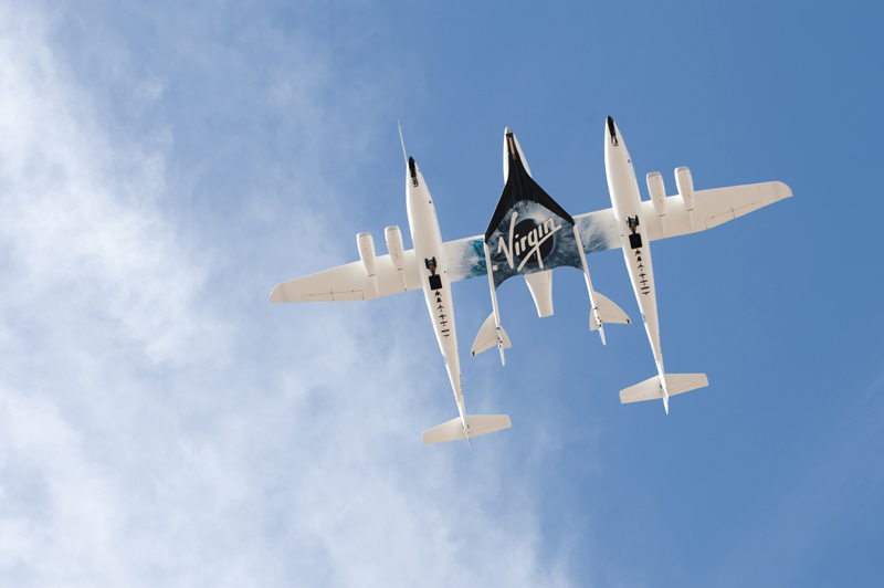 WhiteKnightTwo/SpaceShipTwo flies over New Mexico’s Spaceport America.