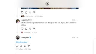 A screenshot of a Threads interation between James Gunn and a Superman fan