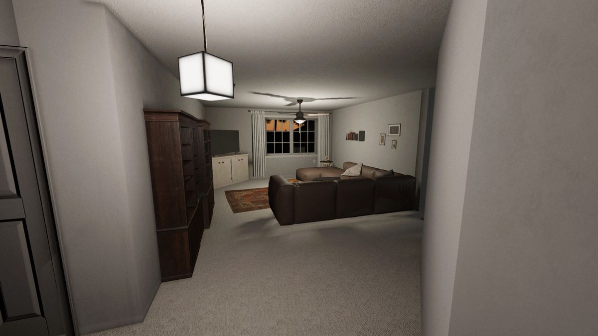 The original Tanglewood map from Phasmophobia, pre-rework. This shot shows the view from the entrance and into a living room.
