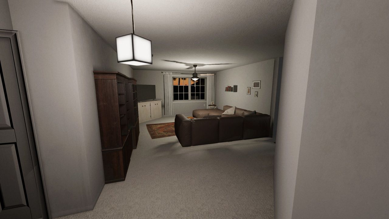 The original Tanglewood map from Phasmophobia, pre-rework. This shot shows the view from the entrance and into a living room.