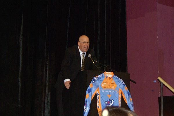 The 'voice of American cycling' , Dave Towle, was a popular presence inside the Boulder Theater.