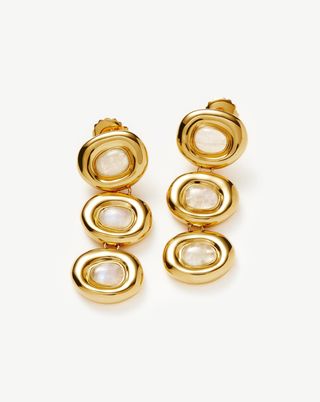 Molten Gemstone Doughnut Triple Charm Drop Earrings | 18ct Gold Plated/Rainbow Moonstone