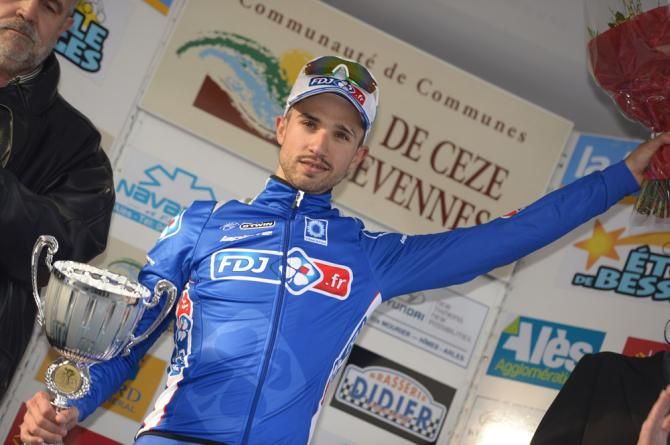 Nacer Bouhanni (FDJ) on the podium after winning stage 2 of Etoile de Bess&egrave;ges