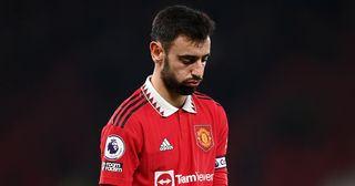 Manchester United star Bruno Fernandes looks dejected after the Premier League match between Manchester United and Leeds United at Old Trafford on February 08, 2023 in Manchester, England.