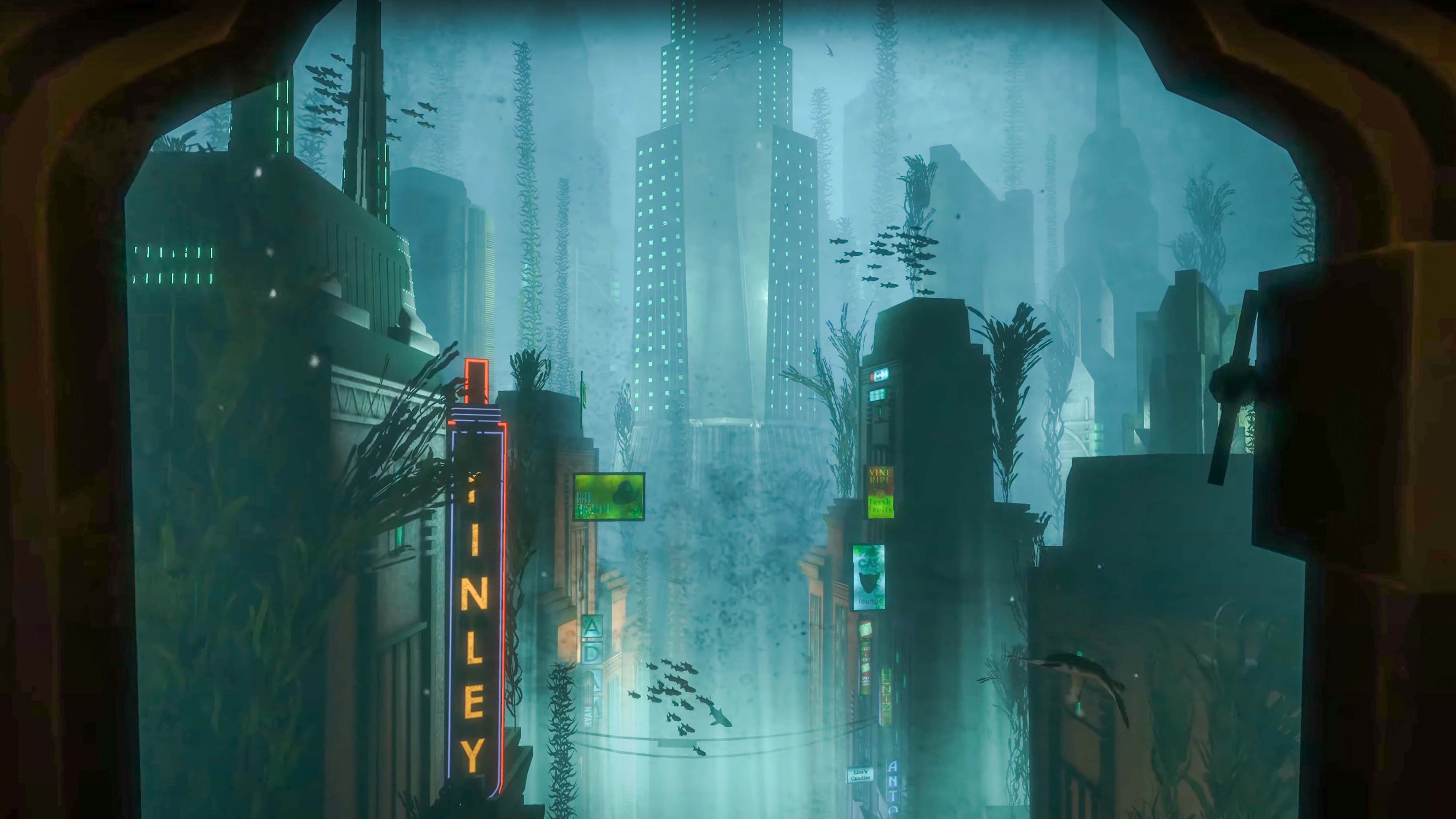 A screenshot from Bioshock showing the underwater city of Rapture.