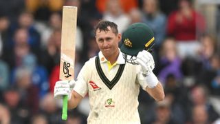 Australia batsman Marnus Labuschagne reaches his century during day four of the Ashes 4th Test Match between England and Australia