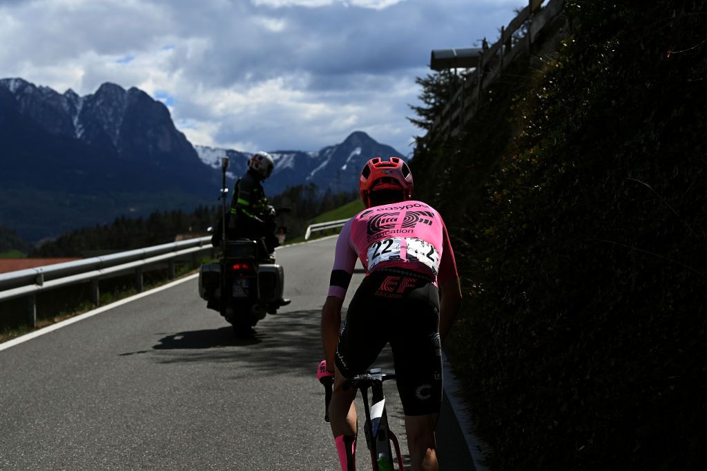 RITTEN ITALY APRIL 18 Detailed view of Simon Carr of United Kingdom and Team EF EducationEasypost competes in the breakaway during the 46th Tour of the Alps 2023 Stage 2 a 1652km stage from Reith im Alpbachtal to Ritten 1174m on April 18 2023 in Reith im Alpbachtal Italy Photo by Tim de WaeleGetty Images