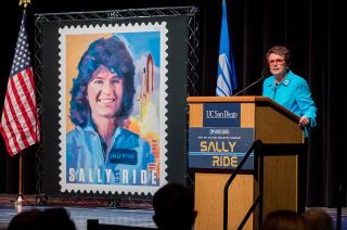 Tennis legend Billie Jean King speaks at the dedication ceremony for the Sally Ride Forever stamp, May 23, 2018 at the University of California San Diego.