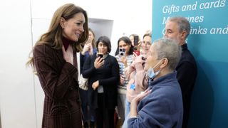 Catherine, Princess of Wales talks with people during a visit to The Royal Marsden Hospital on January 14, 2025