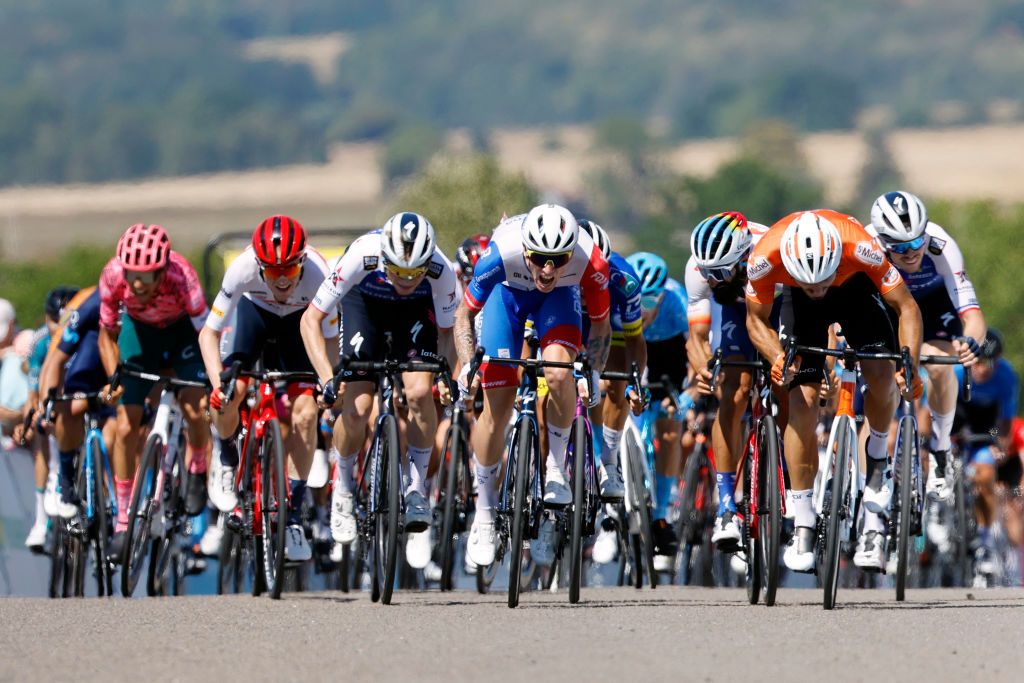 VALREVERMONT FRANCE AUGUST 09 LR Stan Van Tricht of Belgium and Team QuickStep Alpha Vinyl Jake Stewart of United Kingdom and Team Groupama FDJ and Jason Tesson of France and Team St Michel Auber 93 sprint to win during the 34th Tour de lAin 2022 Stage 1 a 152km stage from ChtillonSurChalaronne to ValRevermont TDA22 on August 09 2022 in ValRevermont France Photo by Bas CzerwinskiGetty Images