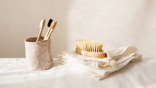 Bathroom counter with cloths and scrubbing brush
