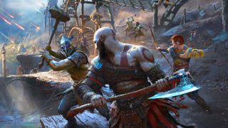 God of War Ragnarök: Kratos en Atreus vechten tegen vijanden bij een mijn
