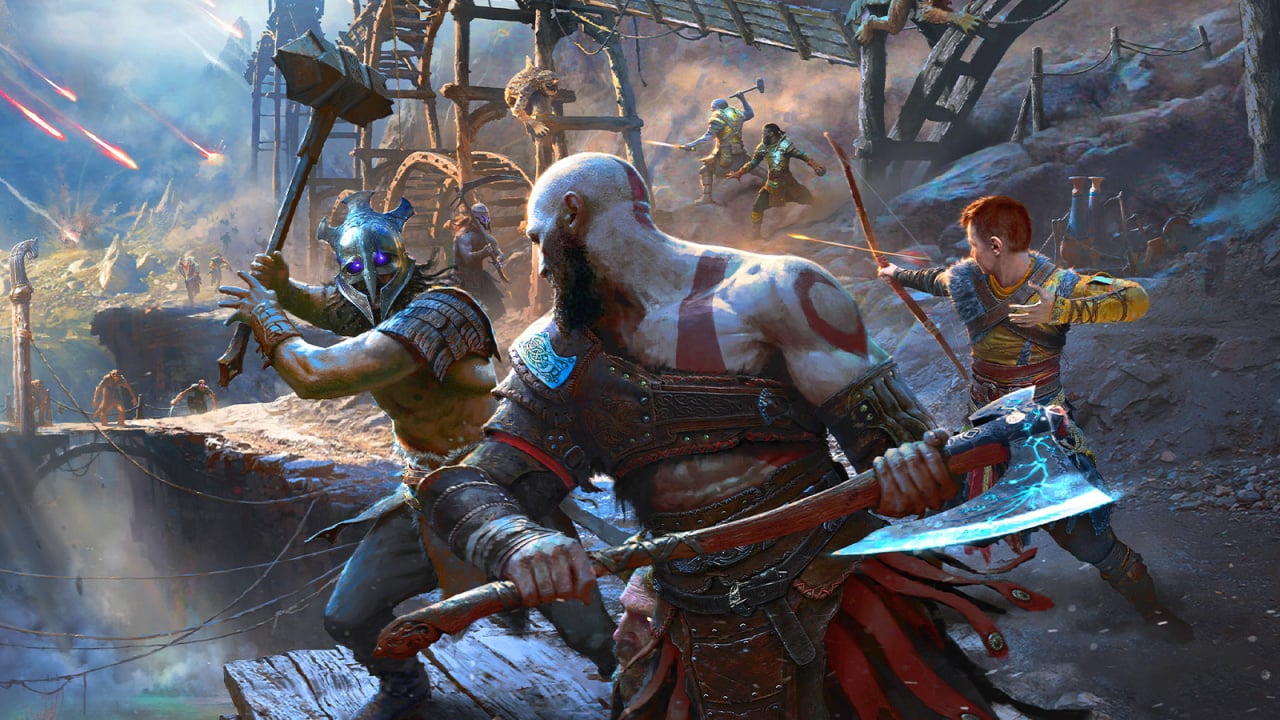 best single-player games: Kratos and Atreus fighting enemies near a mine