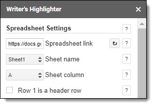 Spreadsheet settings