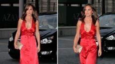 Composite of two pictures of Pippa Middleton wearing a red maxi dress to the Boodles Boxing Ball in October 2011