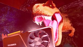 Nvidia RTX 30-Series GPU being gobbled up by a T-Rex