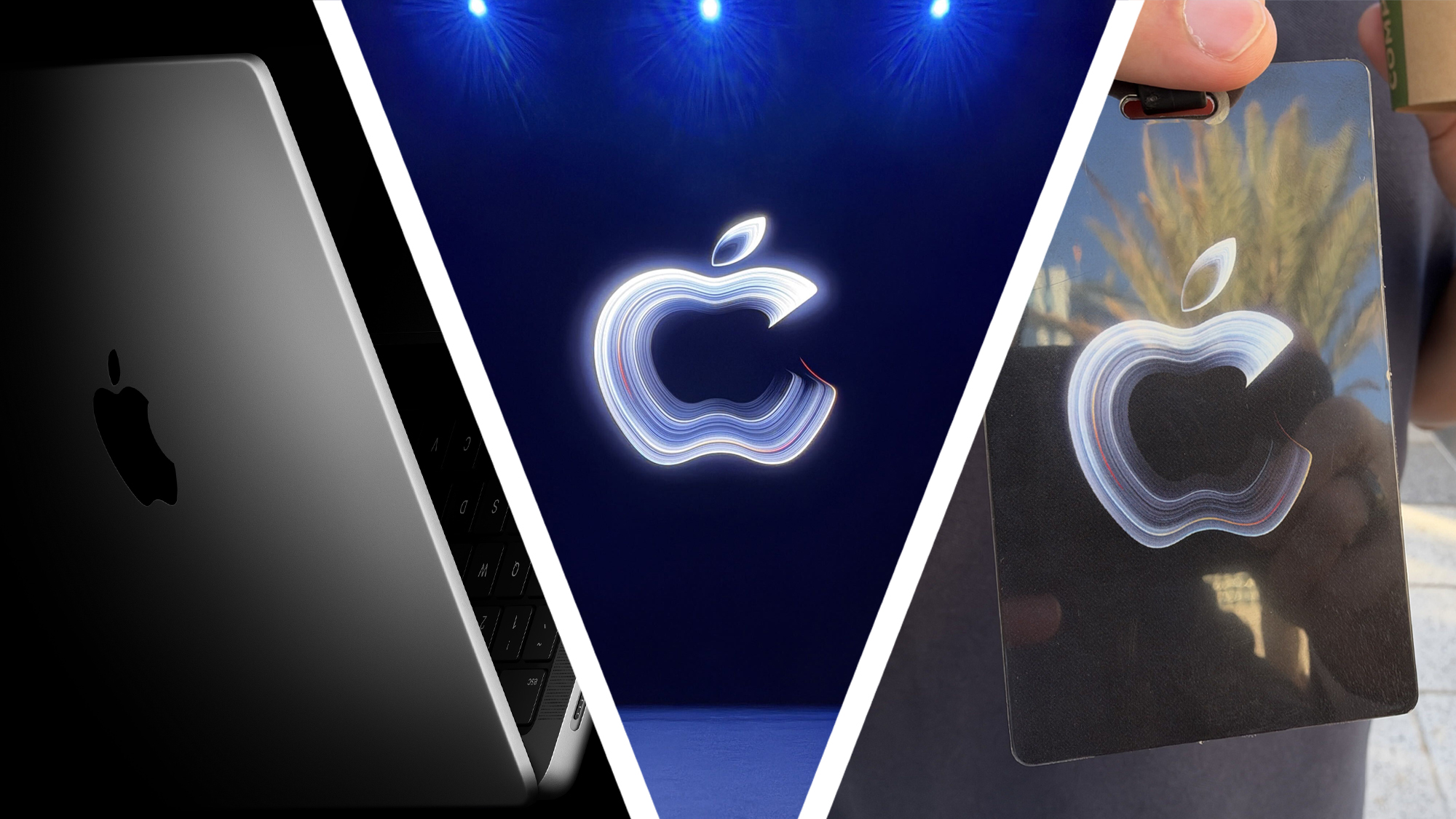 A MacBook Pro M5 next to an Apple logo next to a hand holding a pass for the Apple 'Pro and Tell' event