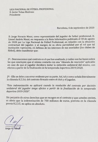 A letter from Lionel Messi’s father, Jorge, to LaLiga