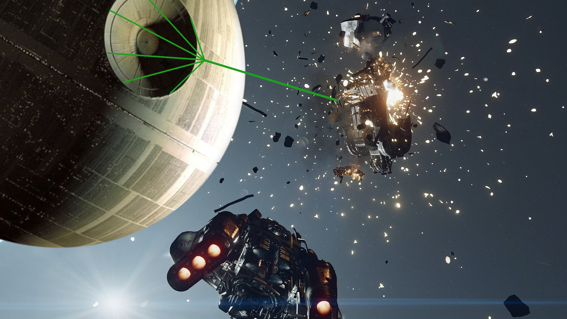 Edited Starfield screenshot with an added Deathstar blowing up a ship