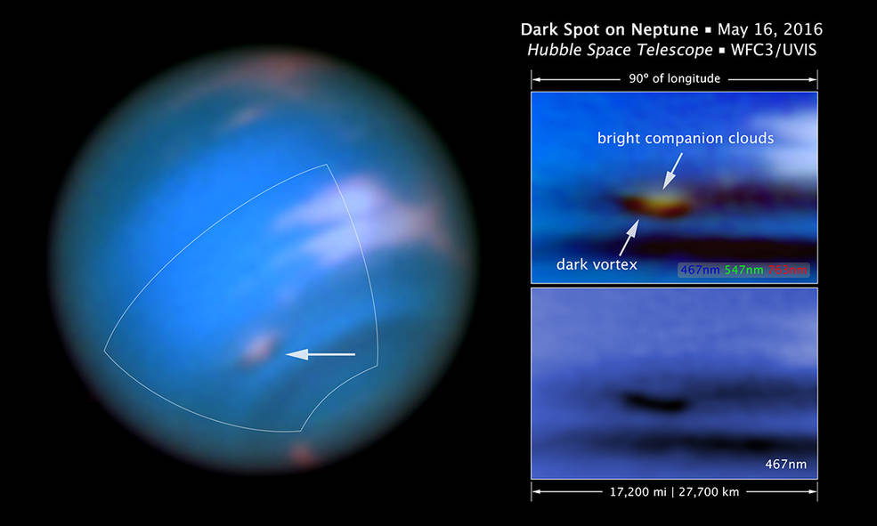Une tempête a été repérée dans l'atmosphère de Neptune en 2016, avec le télescope spatial Hubble.