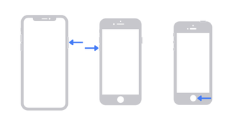 Three iPhone icons with blue arrows pointing at the side button of the left-most iPhone, volume down button of the middle iPhone, and the home button of the right-most iPhone. 