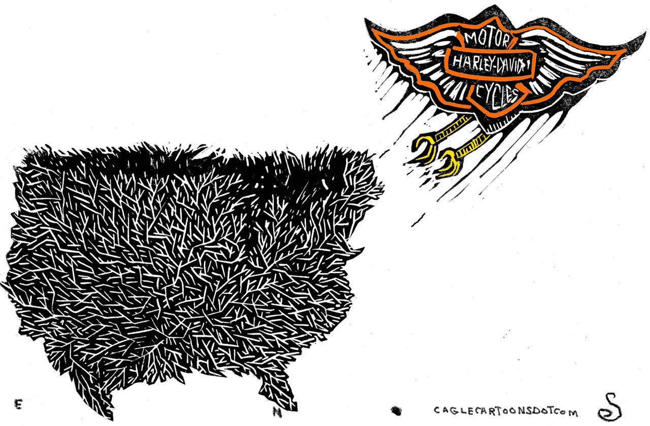 Political cartoon U.S. Trump trade war tariffs Harley-Davidson motorcycles