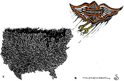 Political cartoon U.S. Trump trade war tariffs Harley-Davidson motorcycles
