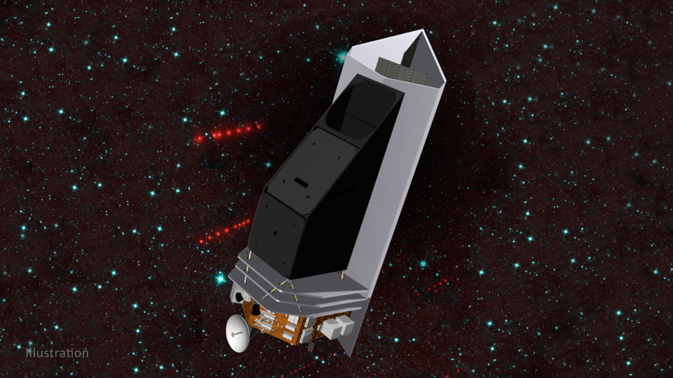 Artist's illustration of NASA's asteroid-hunting NEO Surveyor spacecraft in space.