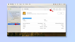 A screenshot of the Disk Utility tool on Mac, with red arrows pointing at an external hard drive and at First Aid. 