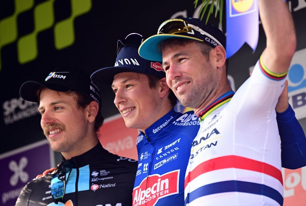 Sam Welsford, Jasper Philipsen and Mark Cavendish on the 2023 Scheldeprijs podium